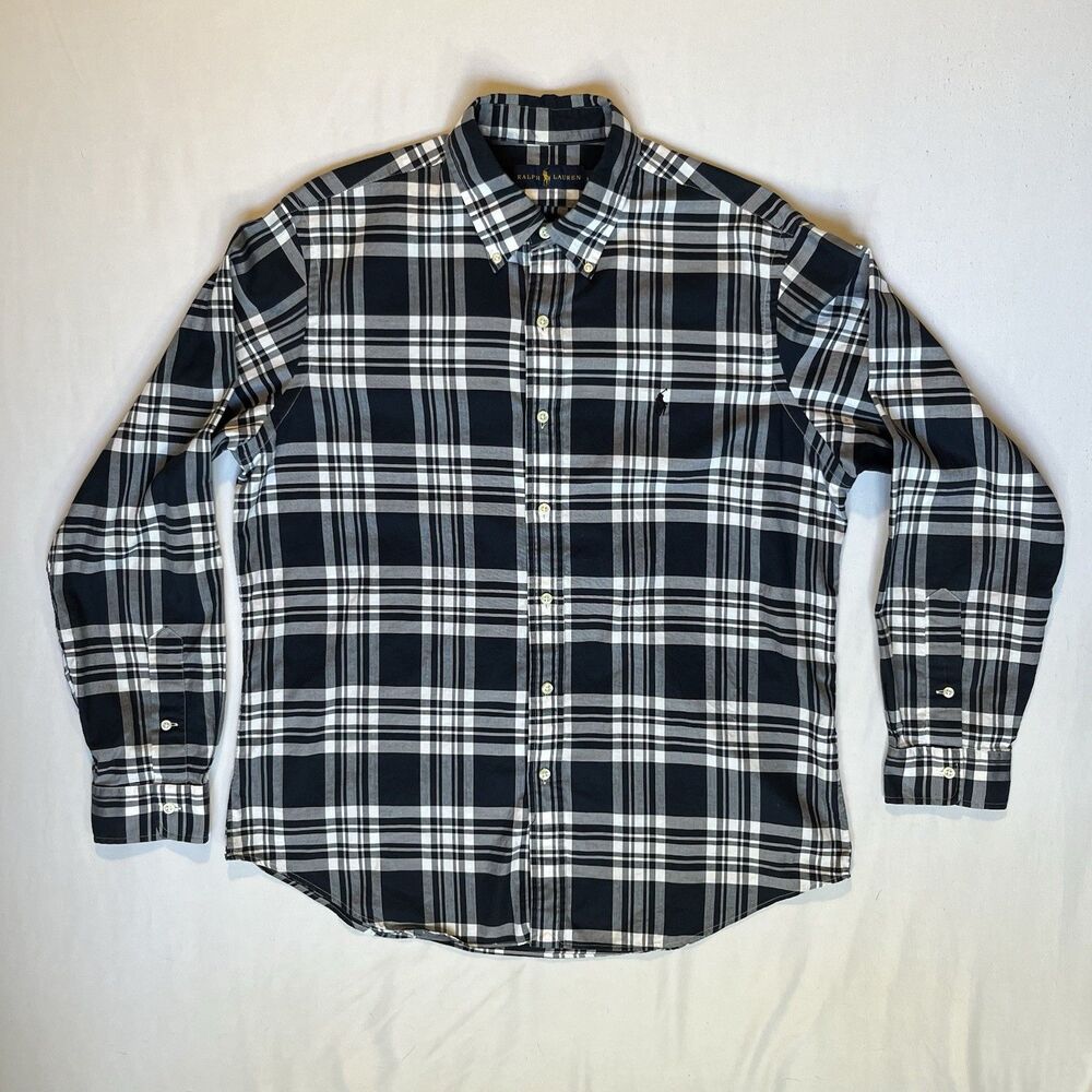 Ralph Lauren Mens L Large Plaid Button Down Shirt Black White Classic Fit Pony